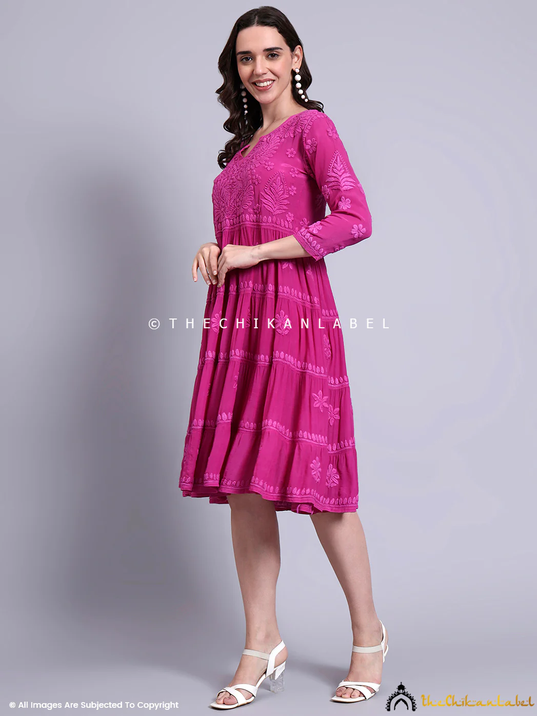 Afsara Crepe Chikankari Tier Tunic Gown - Hot Pink - Image 4