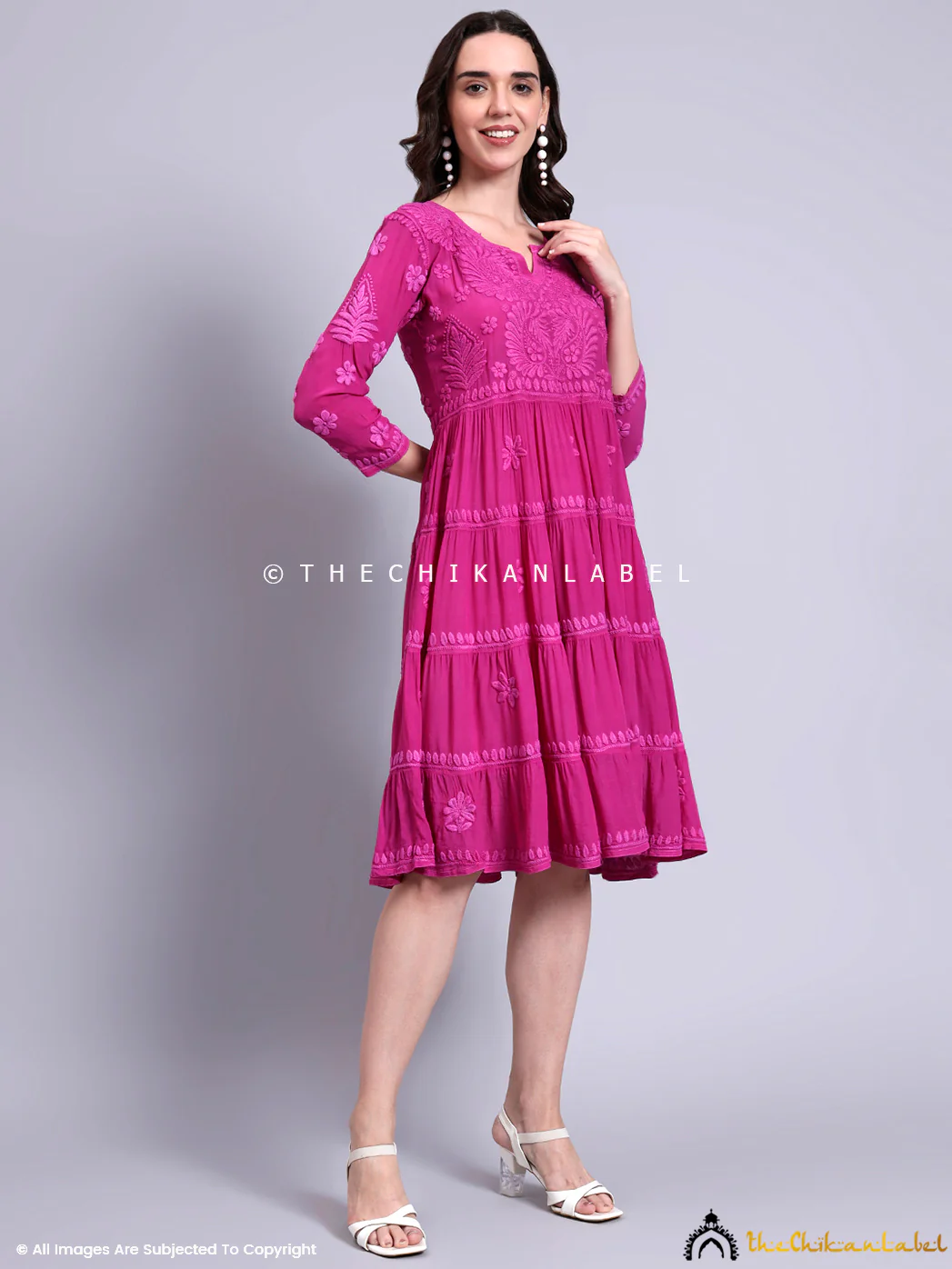 Afsara Crepe Chikankari Tier Tunic Gown - Hot Pink - Image 5
