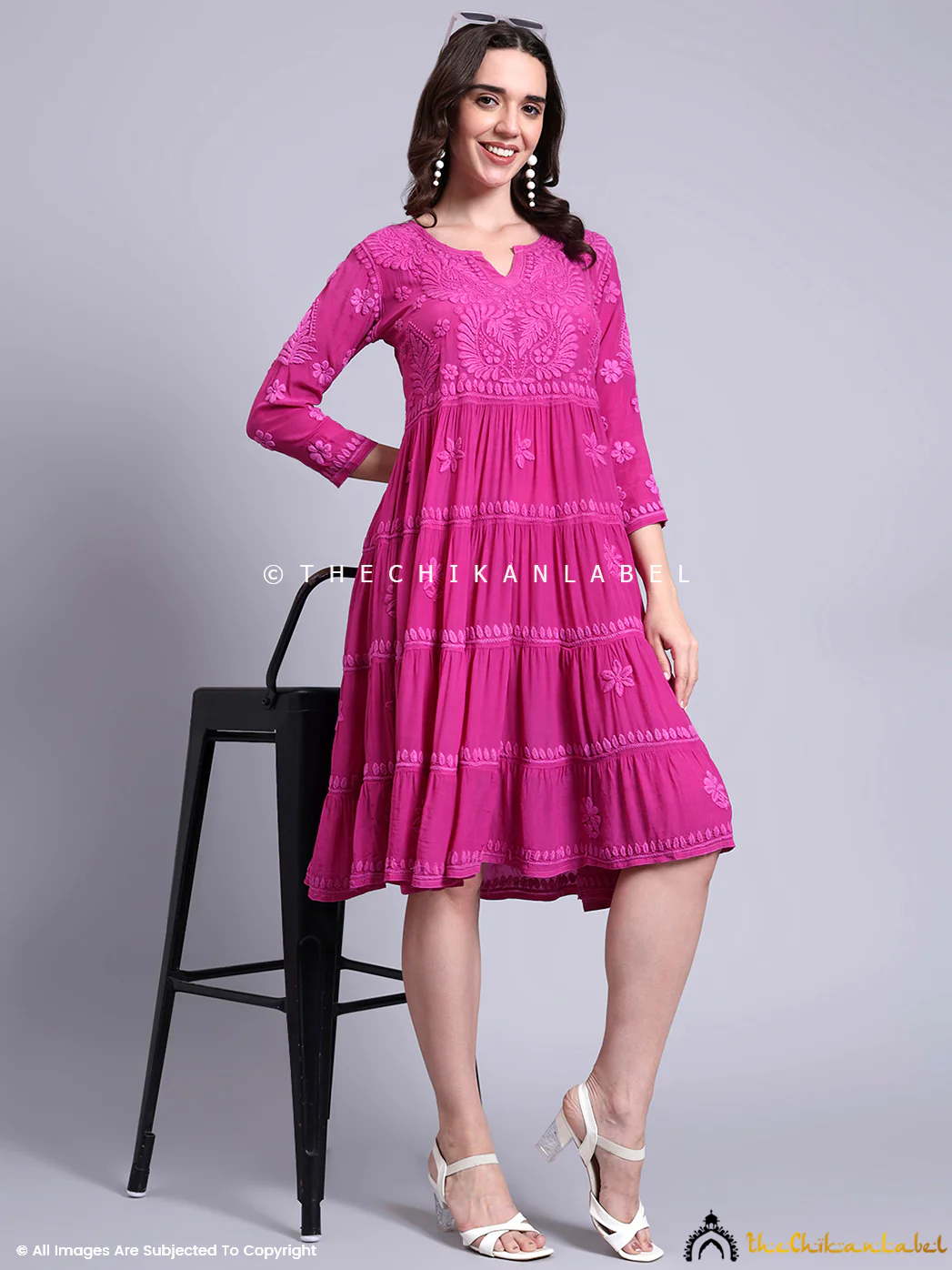 Afsara Crepe Chikankari Tier Tunic Gown - Hot Pink - Image 6