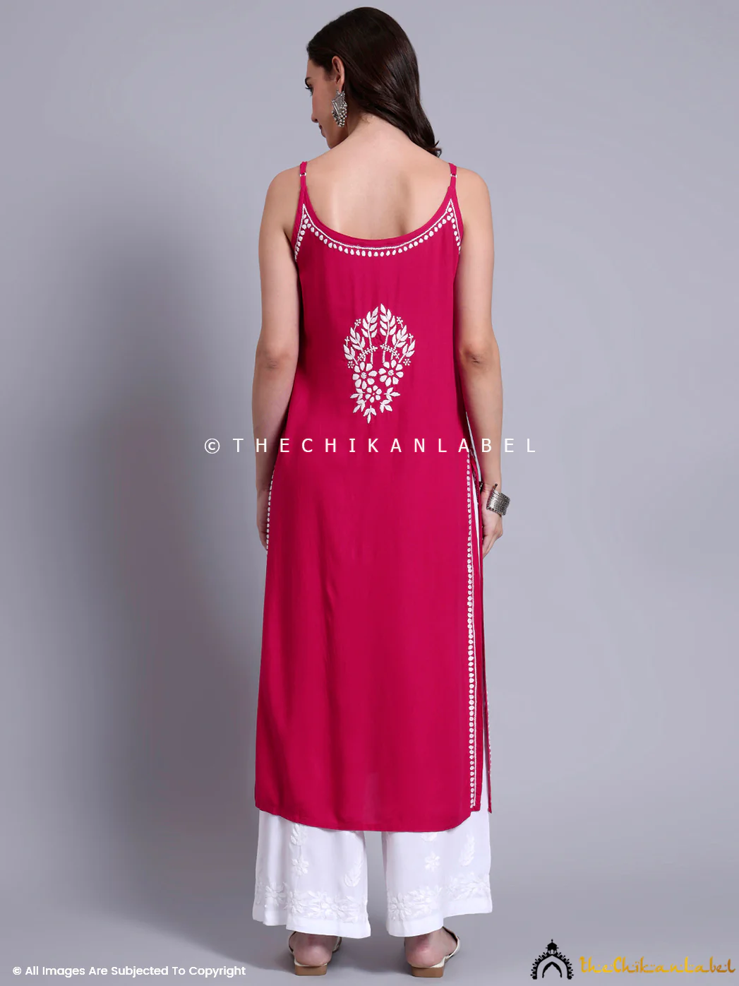 Aliza Modal Chikankari Strappy Long Kurta - Hot Pink - Image 3