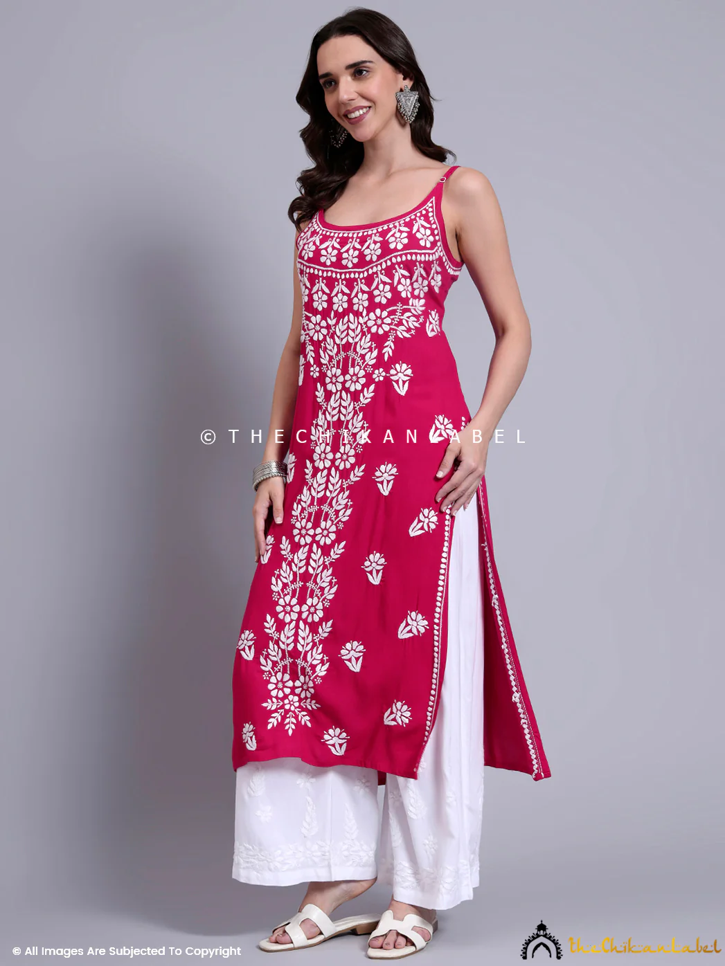 Aliza Modal Chikankari Strappy Long Kurta - Hot Pink - Image 4