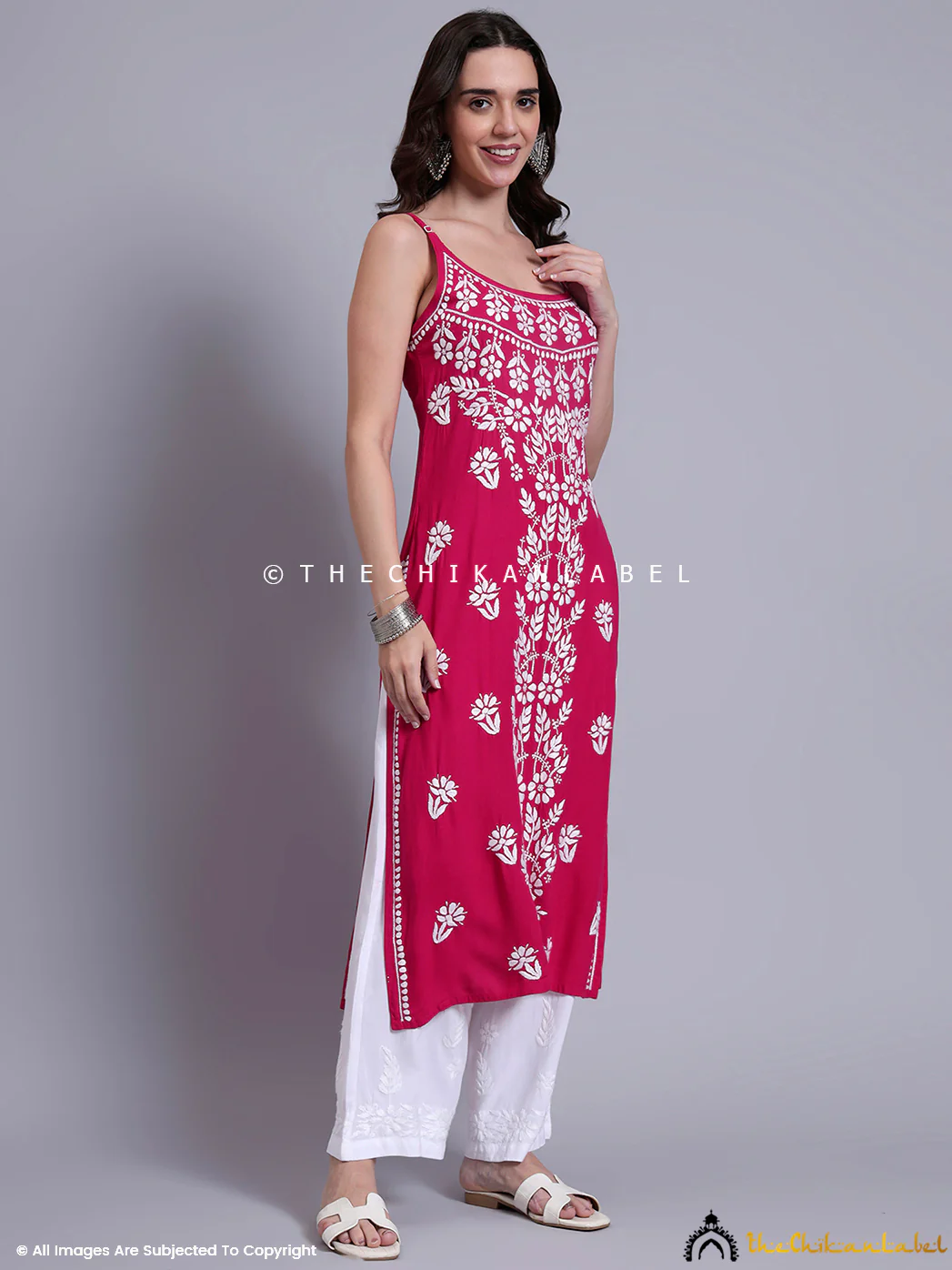 Aliza Modal Chikankari Strappy Long Kurta - Hot Pink - Image 5