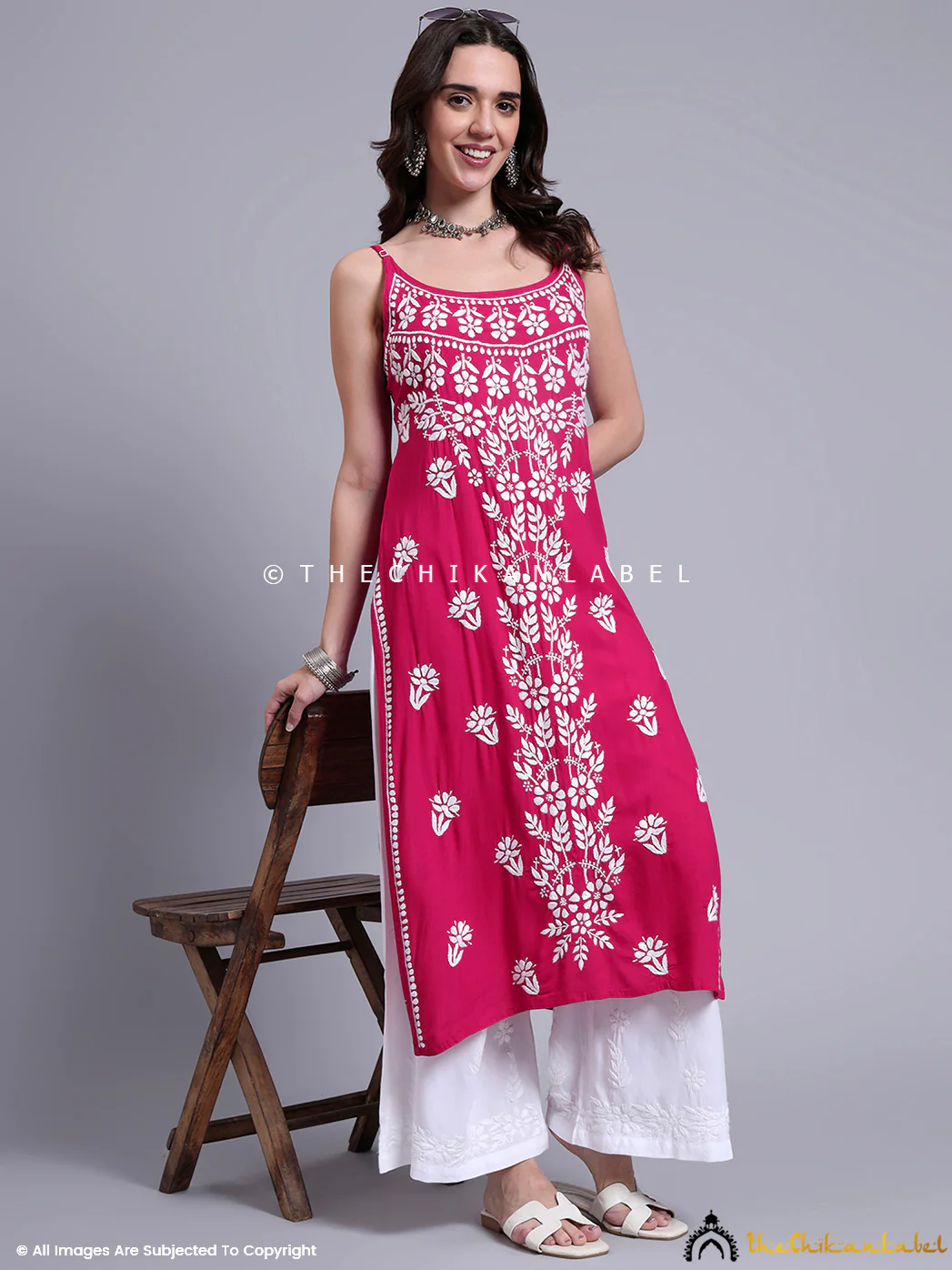 Aliza Modal Chikankari Strappy Long Kurta - Hot Pink - Image 6