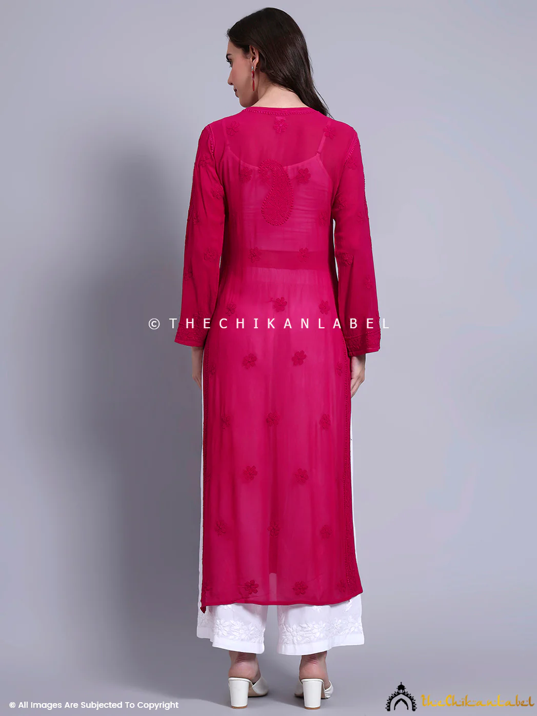 Evika Viscose Chikankari Straight Kurti - Hot Pink - Image 3