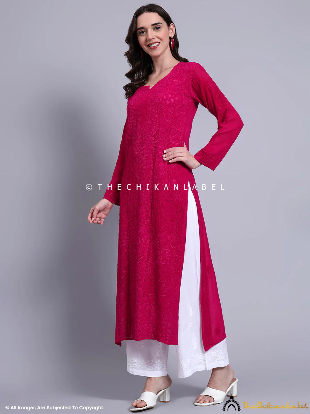 Evika Viscose Chikankari Straight Kurti - Hot Pink - Image 4