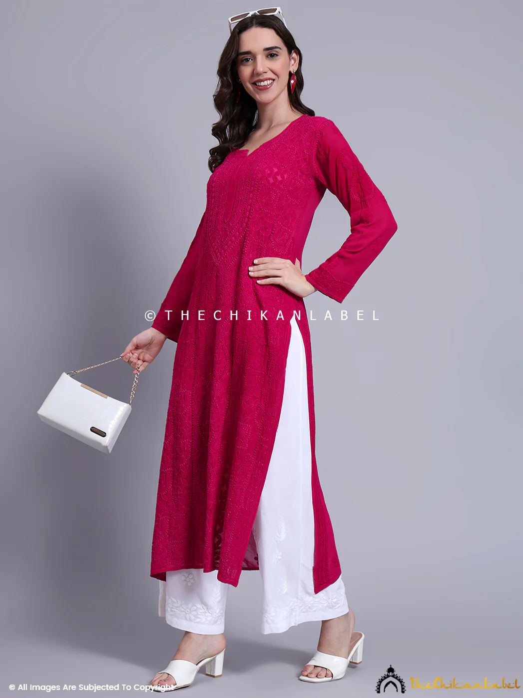 Evika Viscose Chikankari Straight Kurti - Hot Pink - Image 6