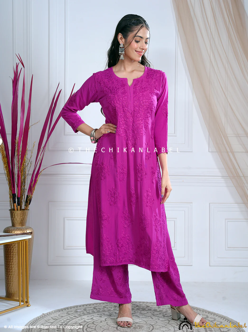 Freya Modal Chikankari Kurti Palazzo Set - Hot Pink - Image 2