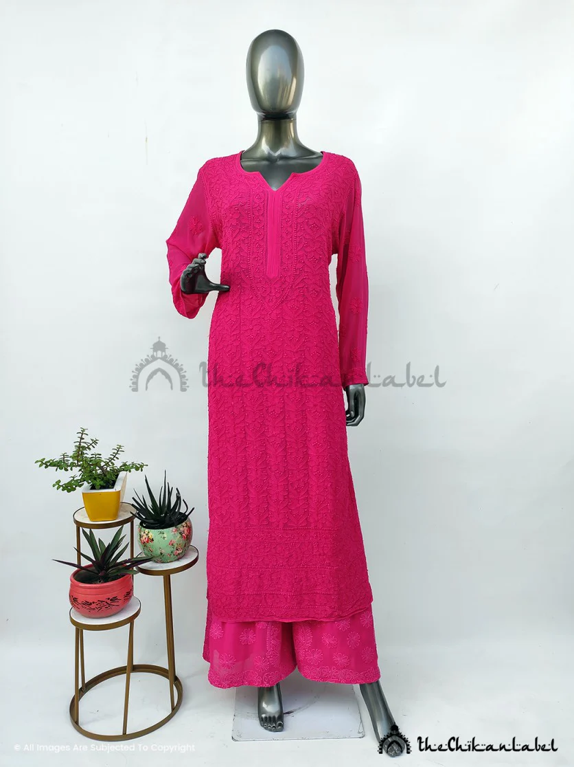 Hot Pink Inara Viscose Chikankari Straight Kurta Set - Image 2
