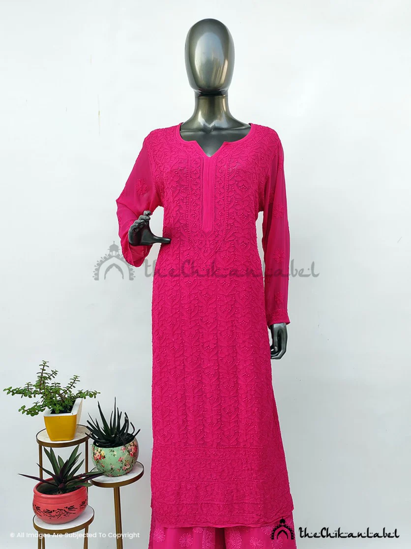 Hot Pink Inara Viscose Chikankari Straight Kurta Set - Image 3