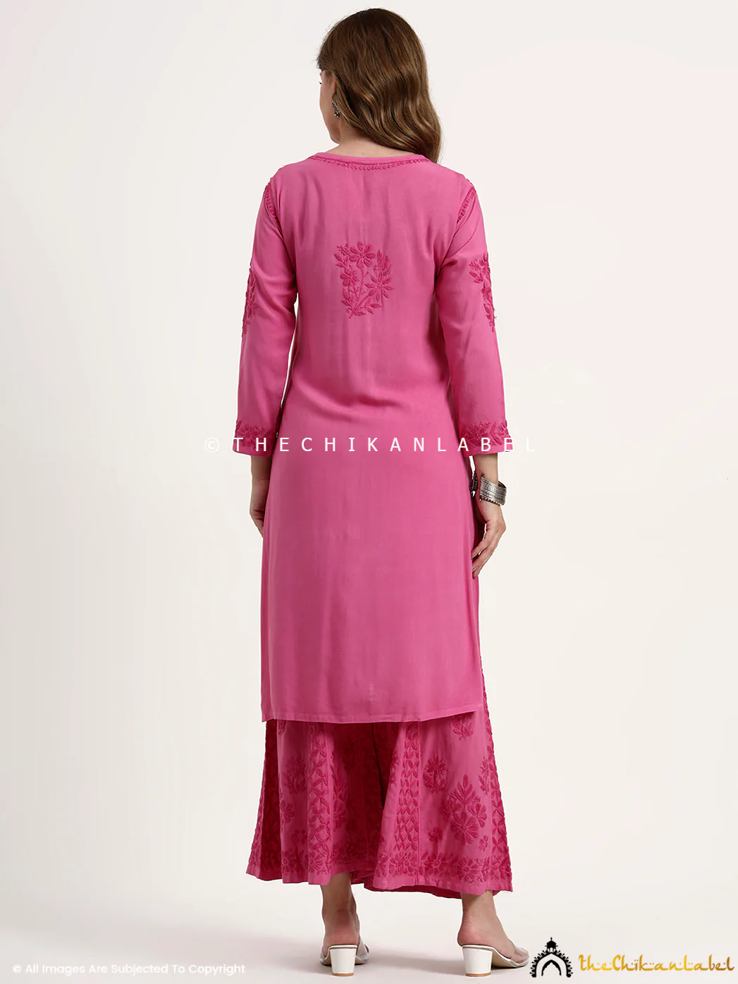 Nazakat Rayon Chikankari Kurti Set - Hot Pink - Image 3