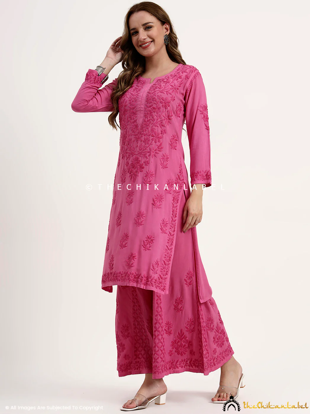 Nazakat Rayon Chikankari Kurti Set - Hot Pink - Image 4