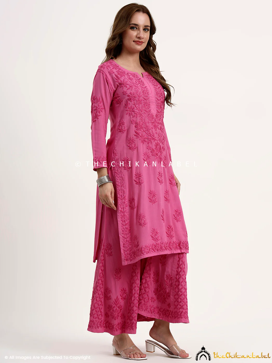 Nazakat Rayon Chikankari Kurti Set - Hot Pink - Image 5