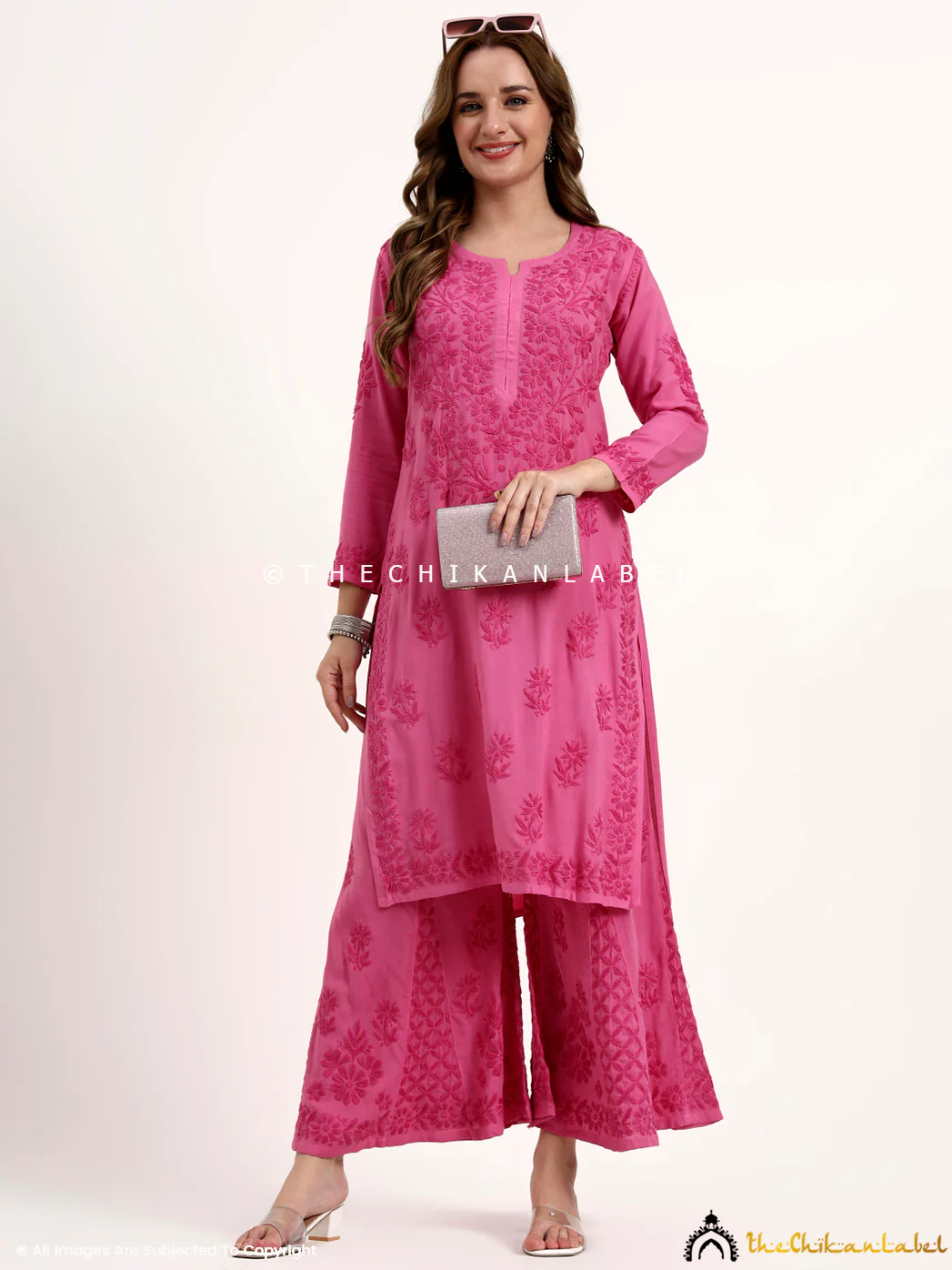 Nazakat Rayon Chikankari Kurti Set - Hot Pink - Image 6