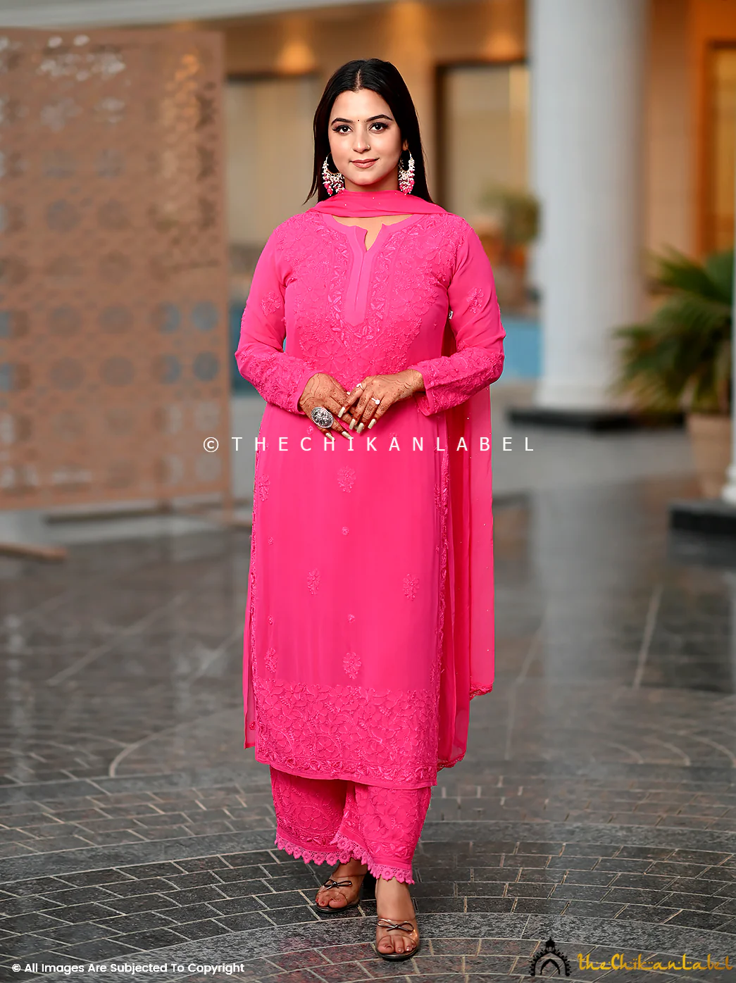 Nida Viscose Chikankari Straight Kurta Set with Dupatta -Hot Pink