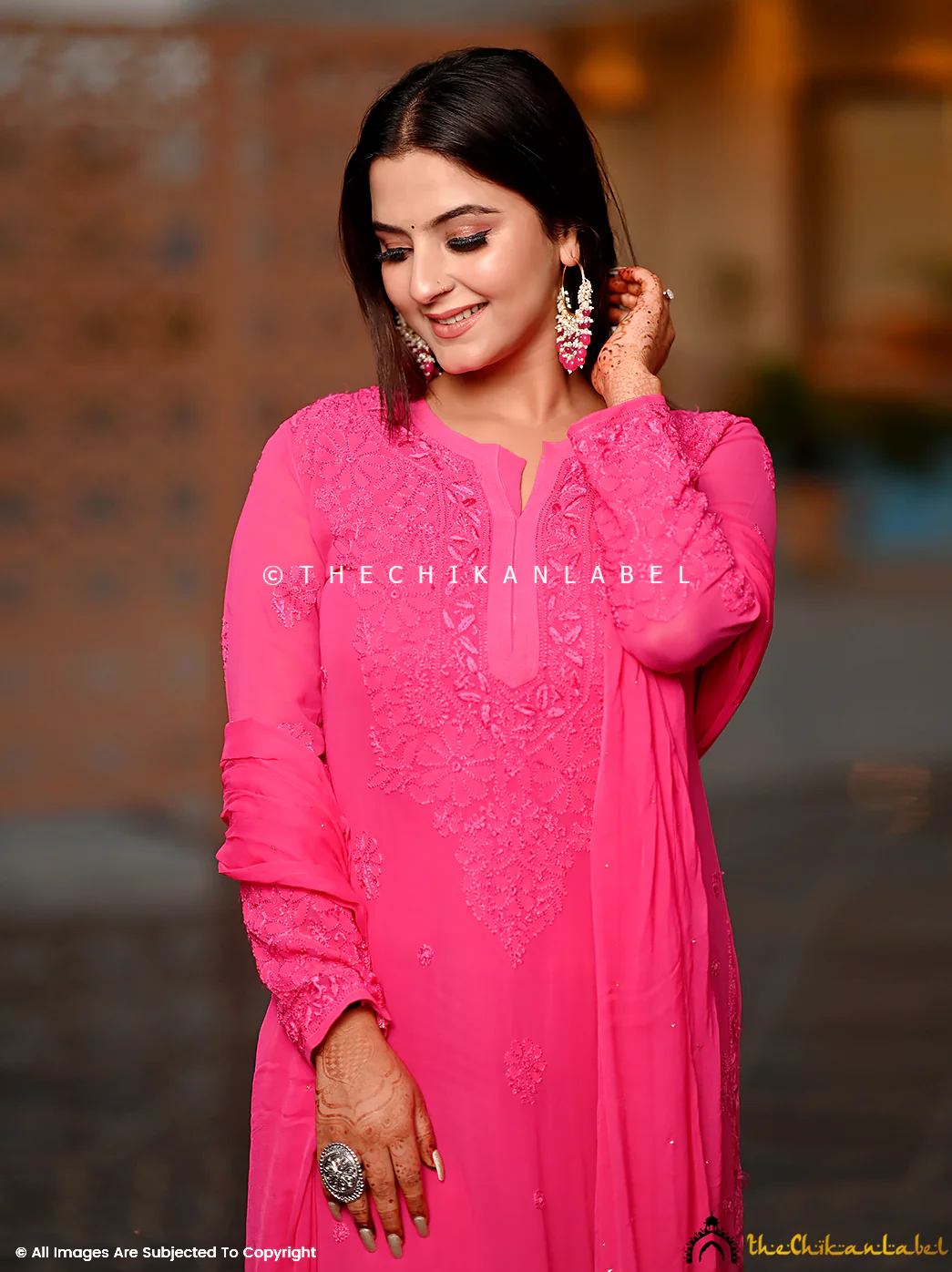 Nida Viscose Chikankari Straight Kurta Set with Dupatta -Hot Pink - Image 2