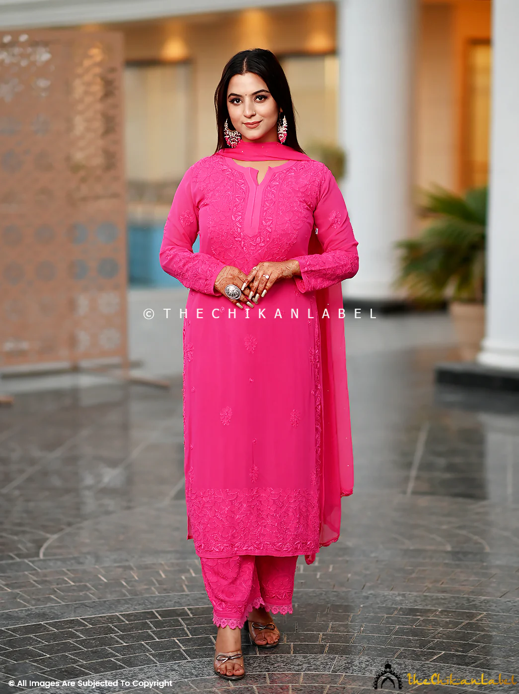 Nida Viscose Chikankari Straight Kurta Set with Dupatta -Hot Pink - Image 3