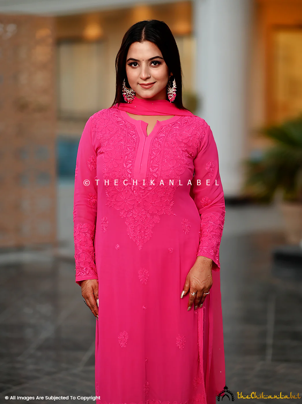 Nida Viscose Chikankari Straight Kurta Set with Dupatta -Hot Pink - Image 4