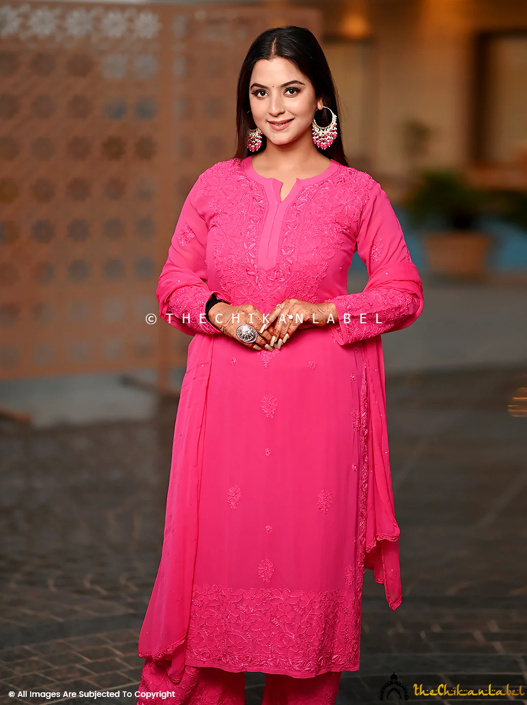 Nida Viscose Chikankari Straight Kurta Set with Dupatta -Hot Pink - Image 5