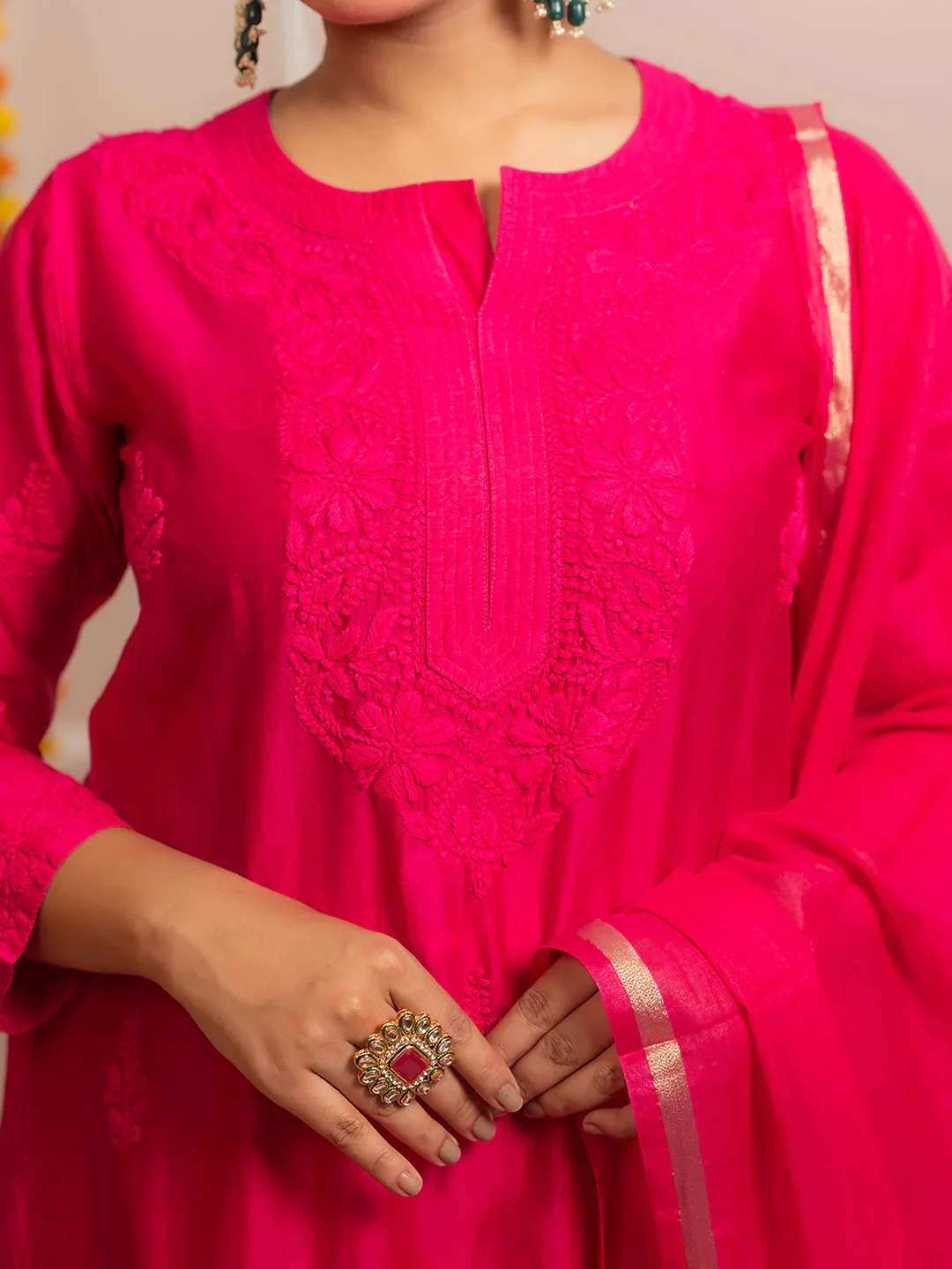 Hot Pink Riwaayat Chanderi Chikankari Kurta Set - Image 2