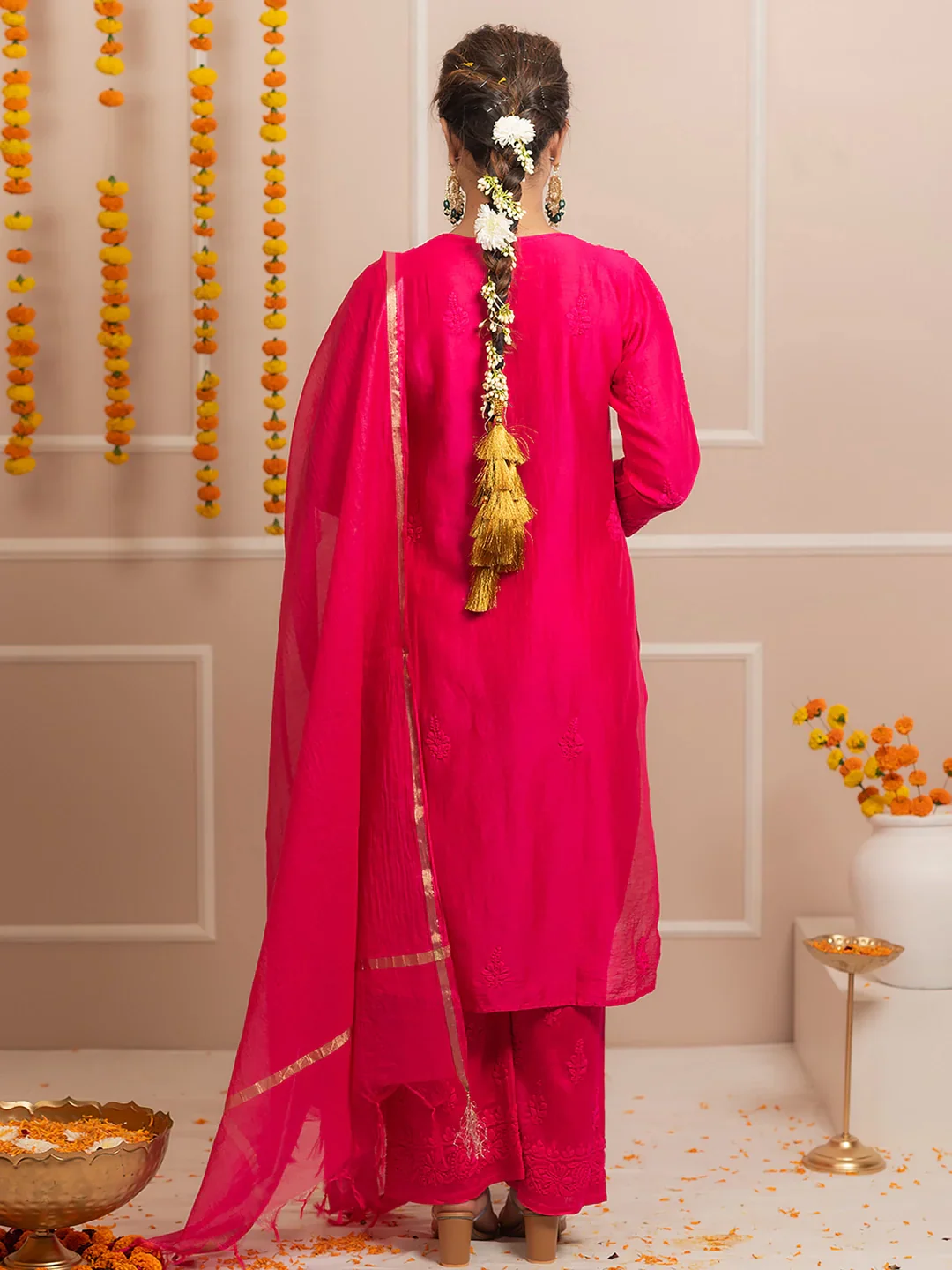 Hot Pink Riwaayat Chanderi Chikankari Kurta Set - Image 3