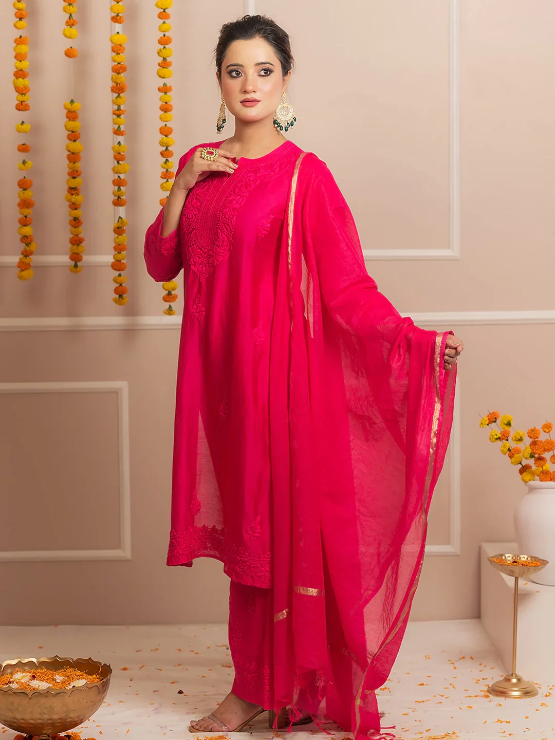 Hot Pink Riwaayat Chanderi Chikankari Kurta Set - Image 4