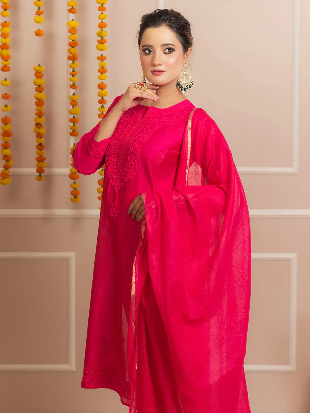 Hot Pink Riwaayat Chanderi Chikankari Kurta Set - Image 5