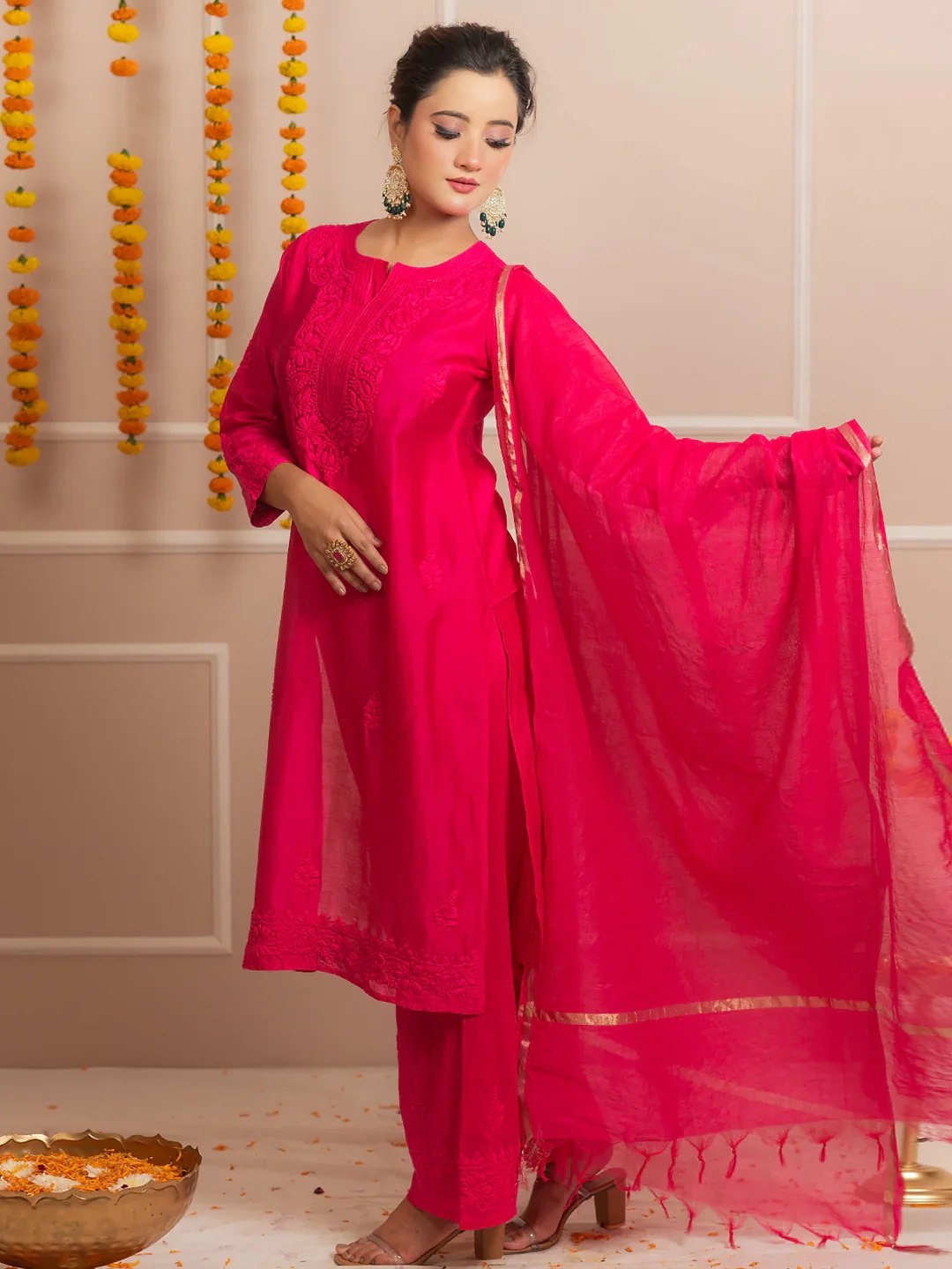 Hot Pink Riwaayat Chanderi Chikankari Kurta Set - Image 6