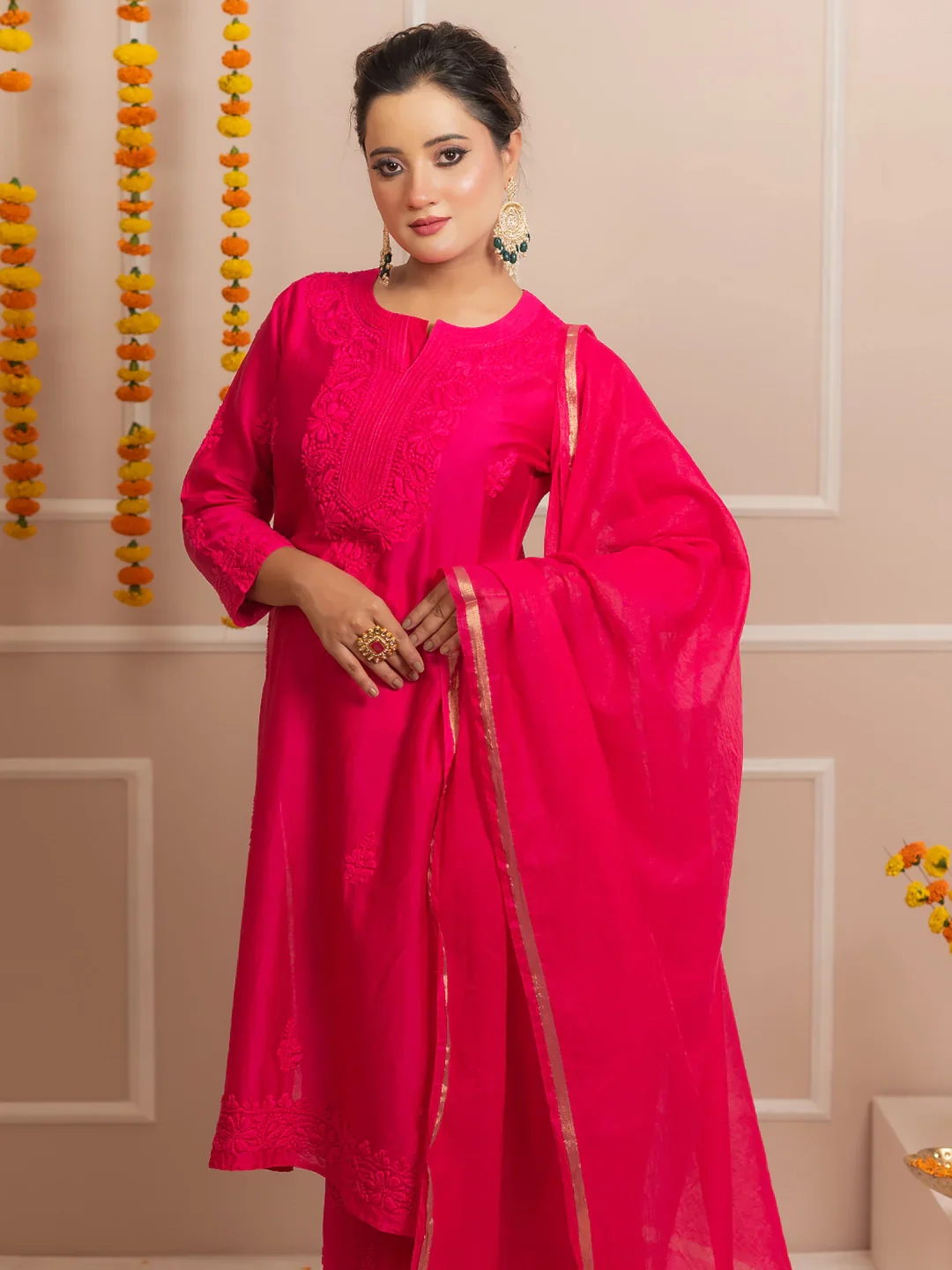 Hot Pink Riwaayat Chanderi Chikankari Kurta Set - Image 7