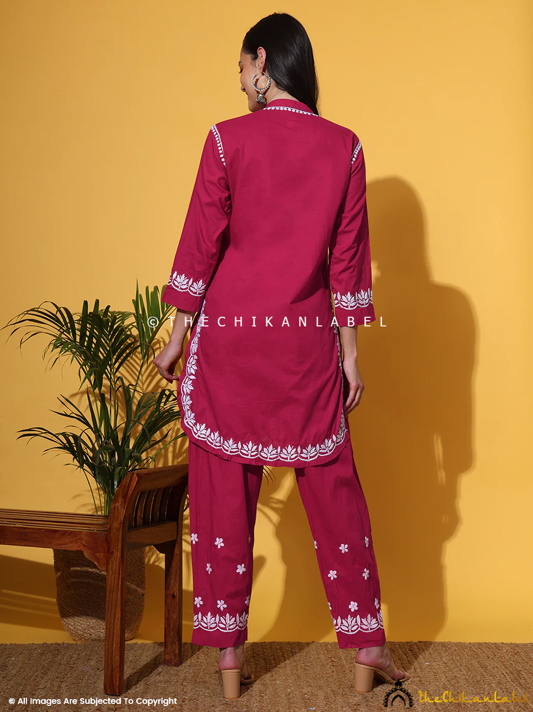 Rumi Organic Cotton Chikankari Kurta Set -Rani Pink - Image 3