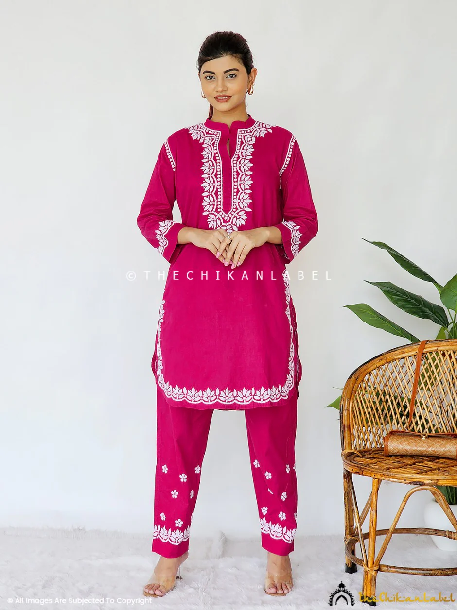 Rumi Organic Cotton Chikankari Kurta Set -Rani Pink - Image 4