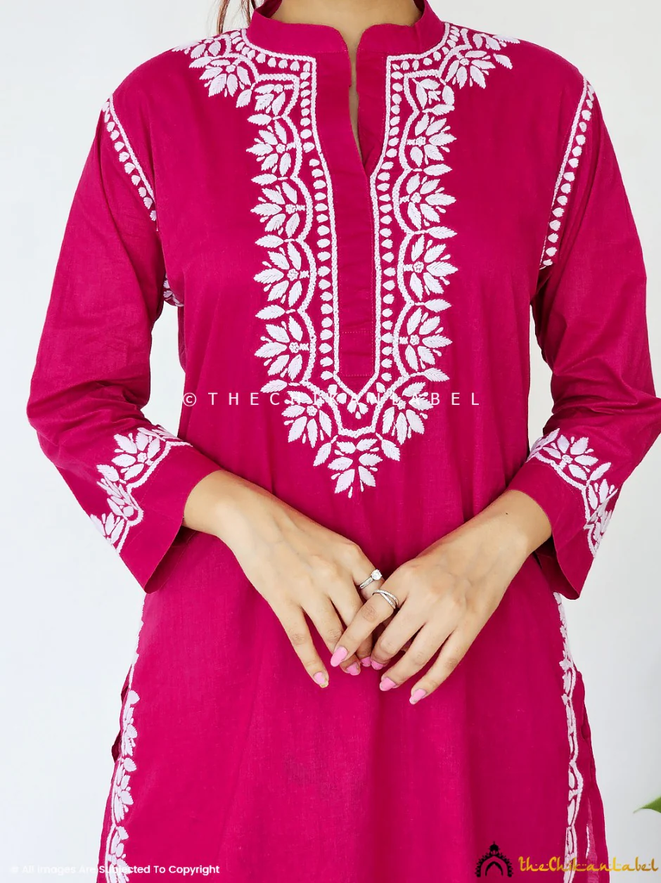 Rumi Organic Cotton Chikankari Kurta Set -Rani Pink - Image 5