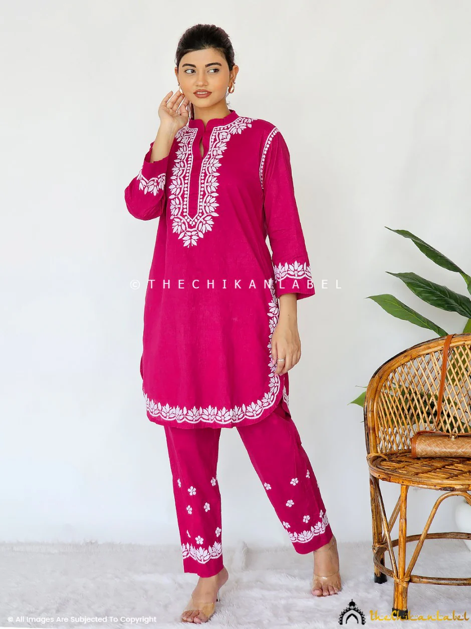 Rumi Organic Cotton Chikankari Kurta Set -Rani Pink - Image 6