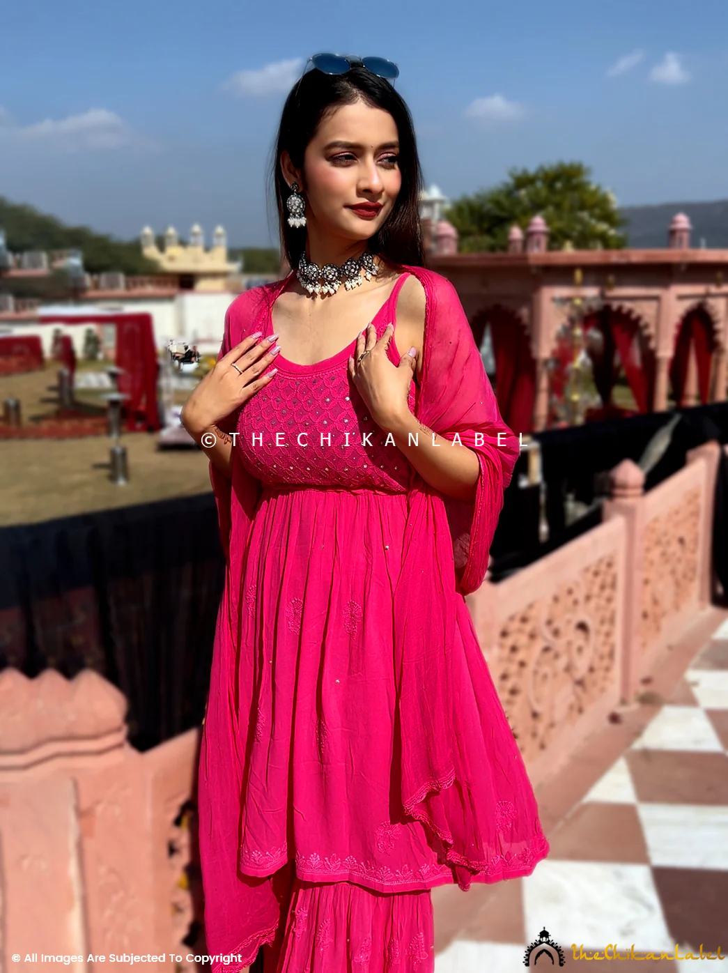 Hot Pink Zoya Viscose Chikankari Strappy Kurta Garara Set - Image 3