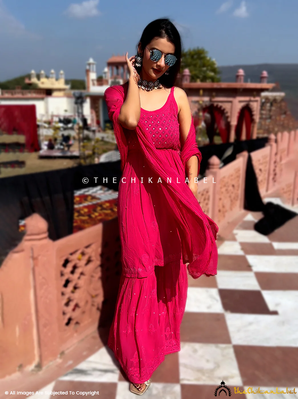 Hot Pink Zoya Viscose Chikankari Strappy Kurta Garara Set - Image 4