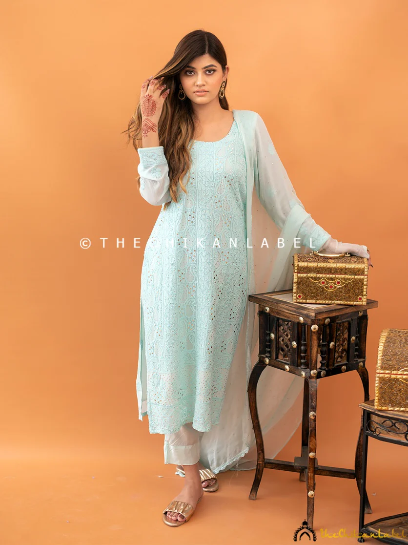 Ice Blue Mohini Viscose Chikankari Straight Kurta Set with Dupatta - Image 3