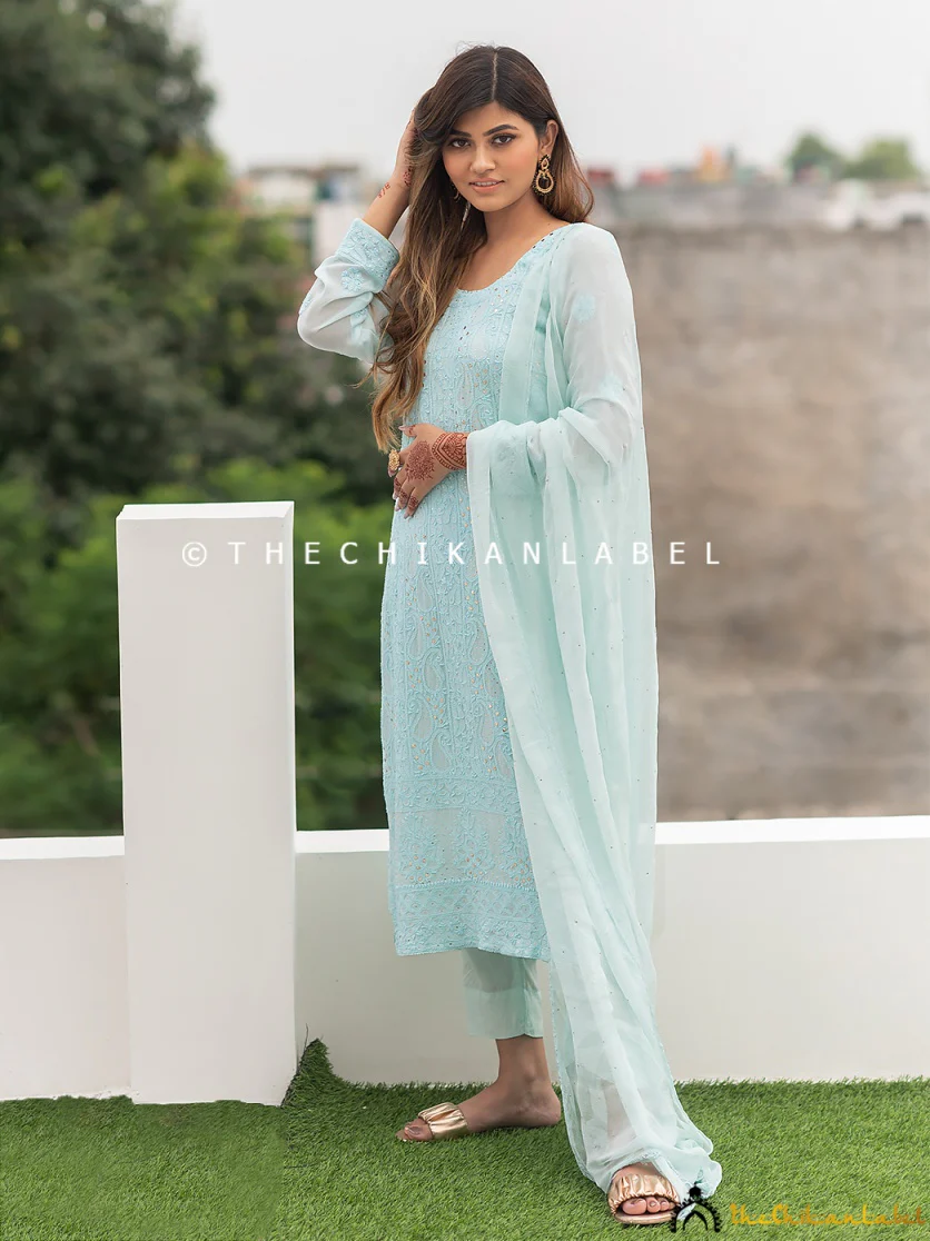 Ice Blue Mohini Viscose Chikankari Straight Kurta Set with Dupatta - Image 4