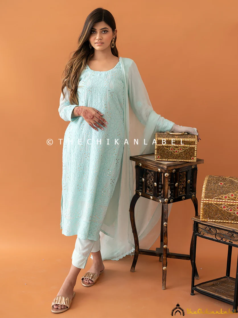 Ice Blue Mohini Viscose Chikankari Straight Kurta Set with Dupatta - Image 5