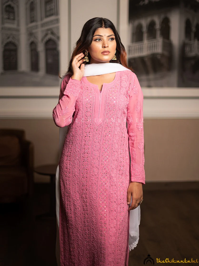 Suhani Viscose Chikankari Straight Kurti - Ice Cream Pink - Image 4