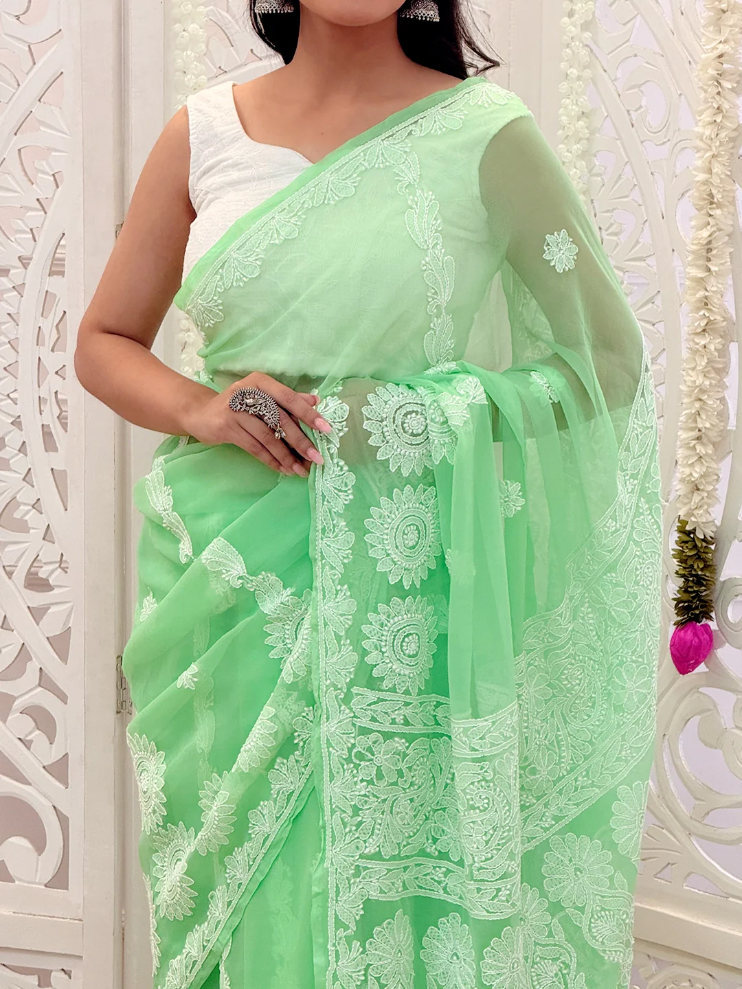 Ifrah Georgette Chikankari Saree - Green - Image 2