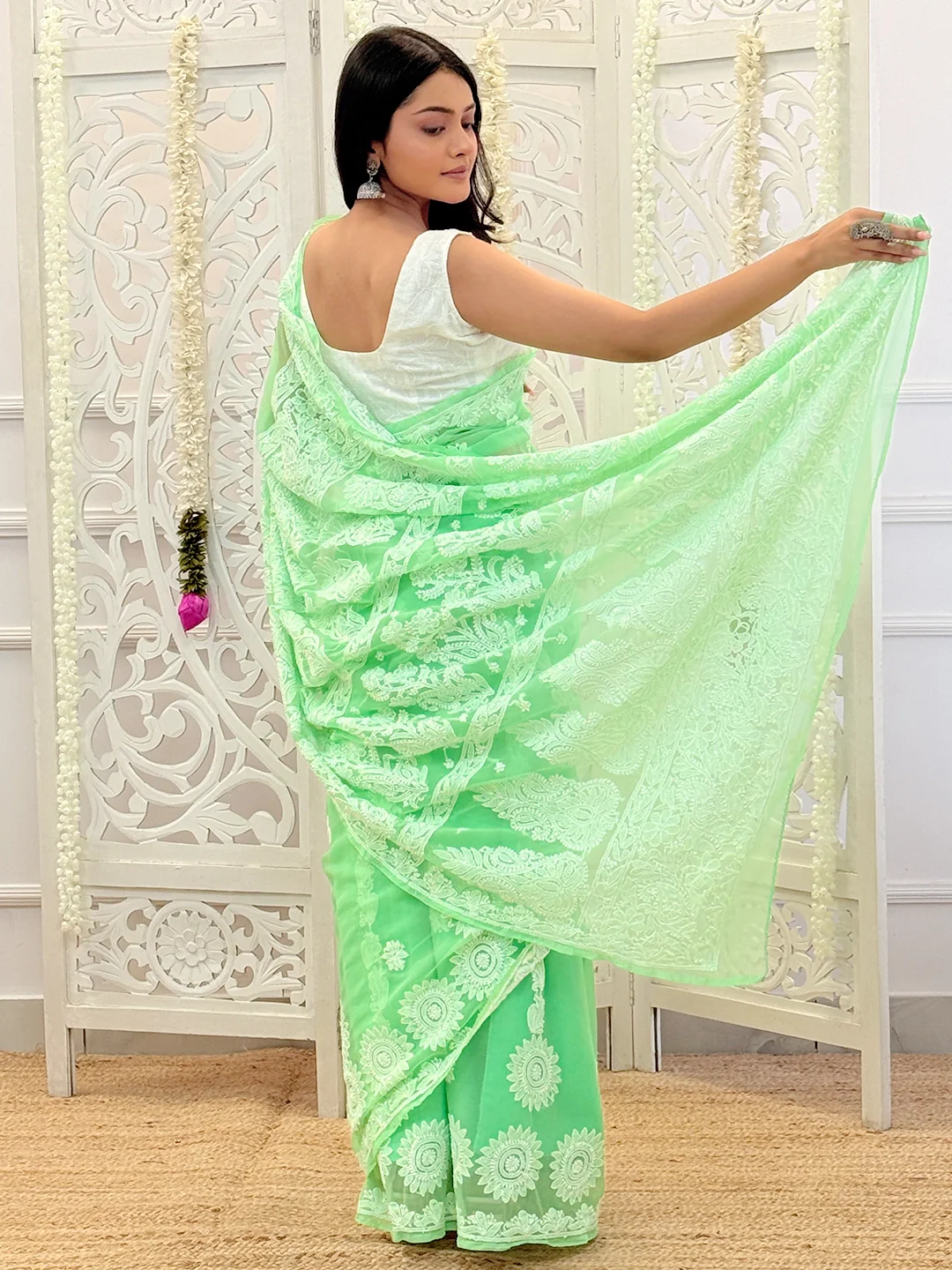 Ifrah Georgette Chikankari Saree - Green - Image 3