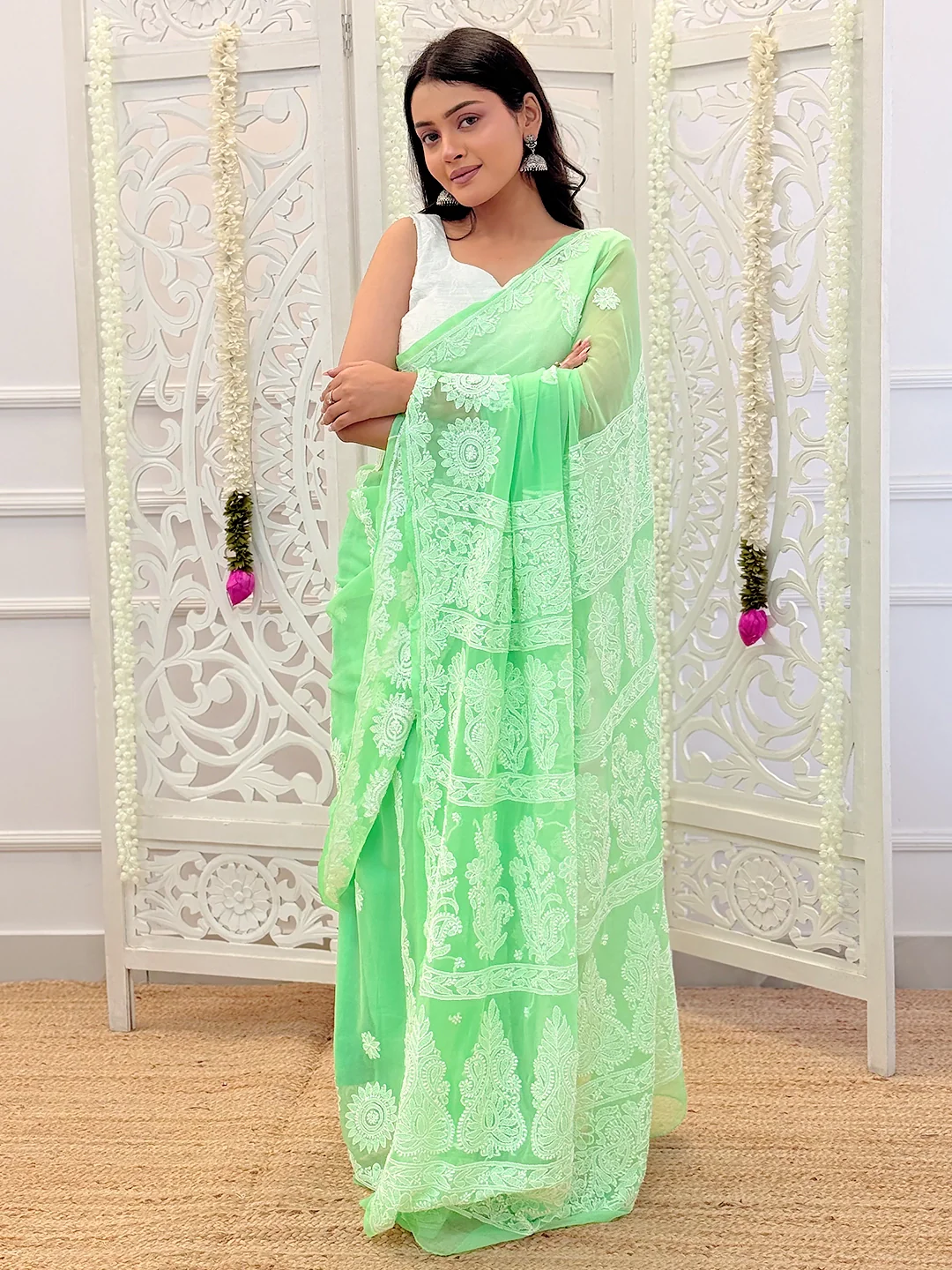 Ifrah Georgette Chikankari Saree - Green - Image 4