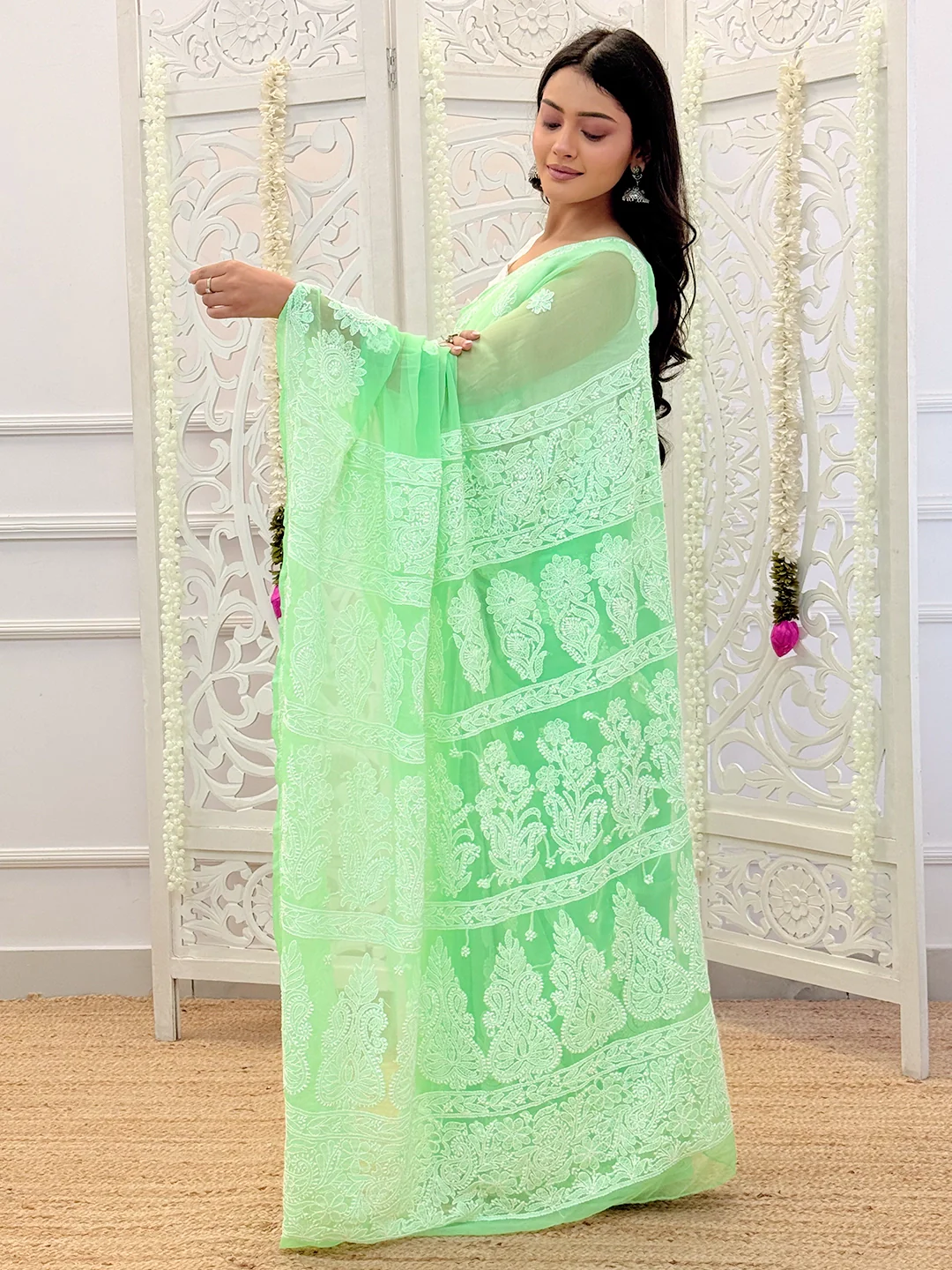 Ifrah Georgette Chikankari Saree - Green - Image 5