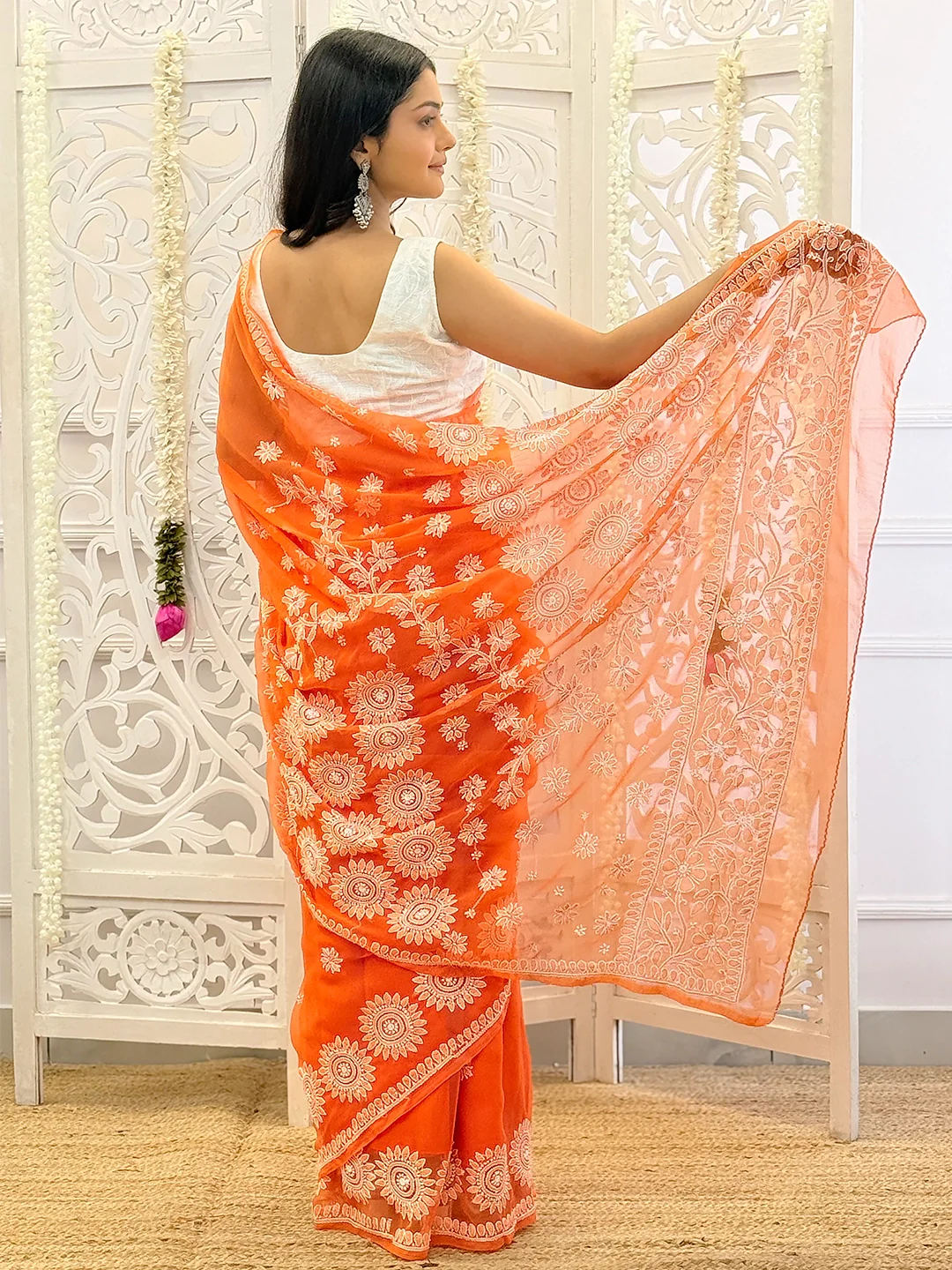 Ifrah Georgette Chikankari Saree - Orange - Image 3