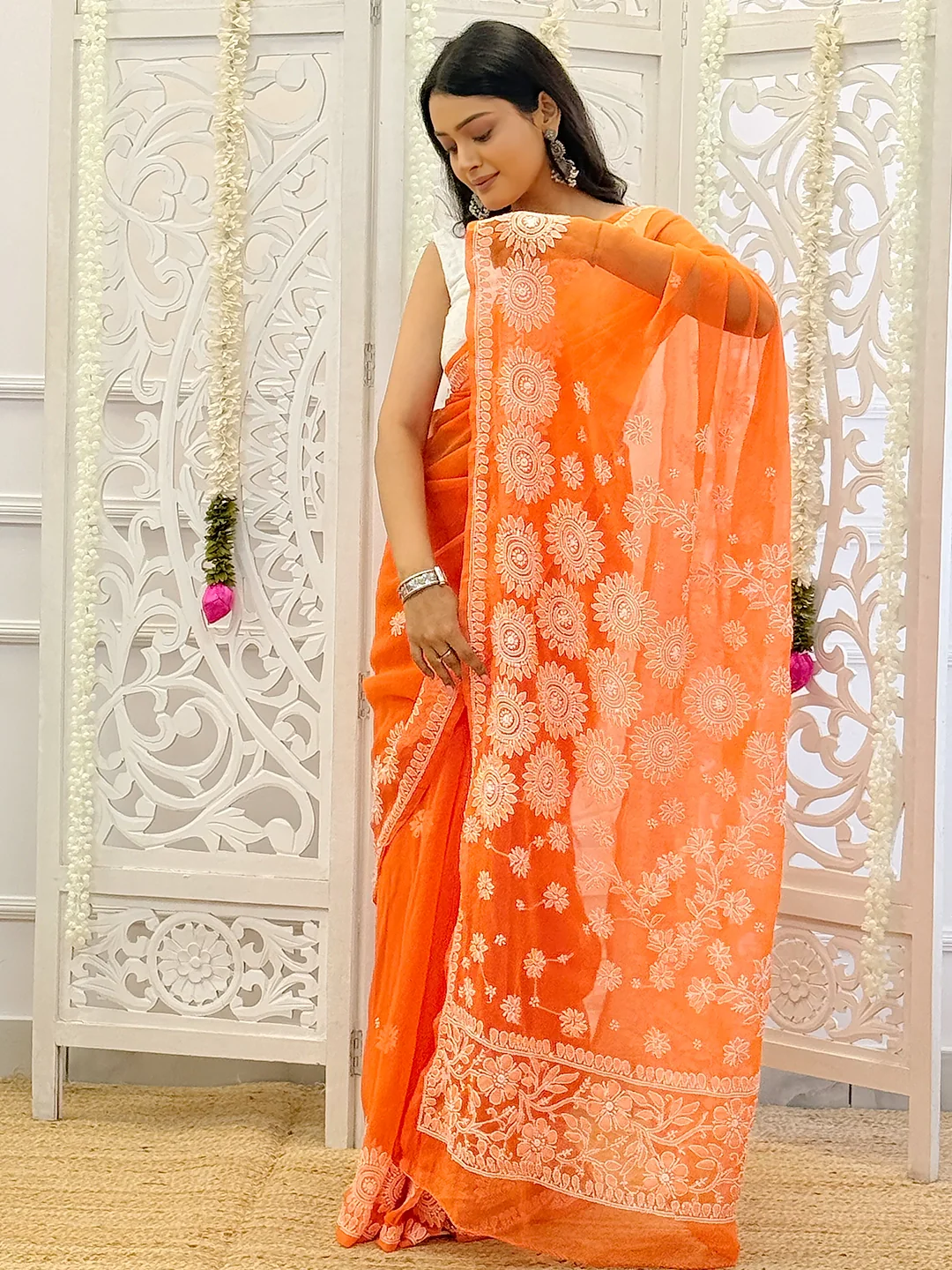 Ifrah Georgette Chikankari Saree - Orange - Image 4