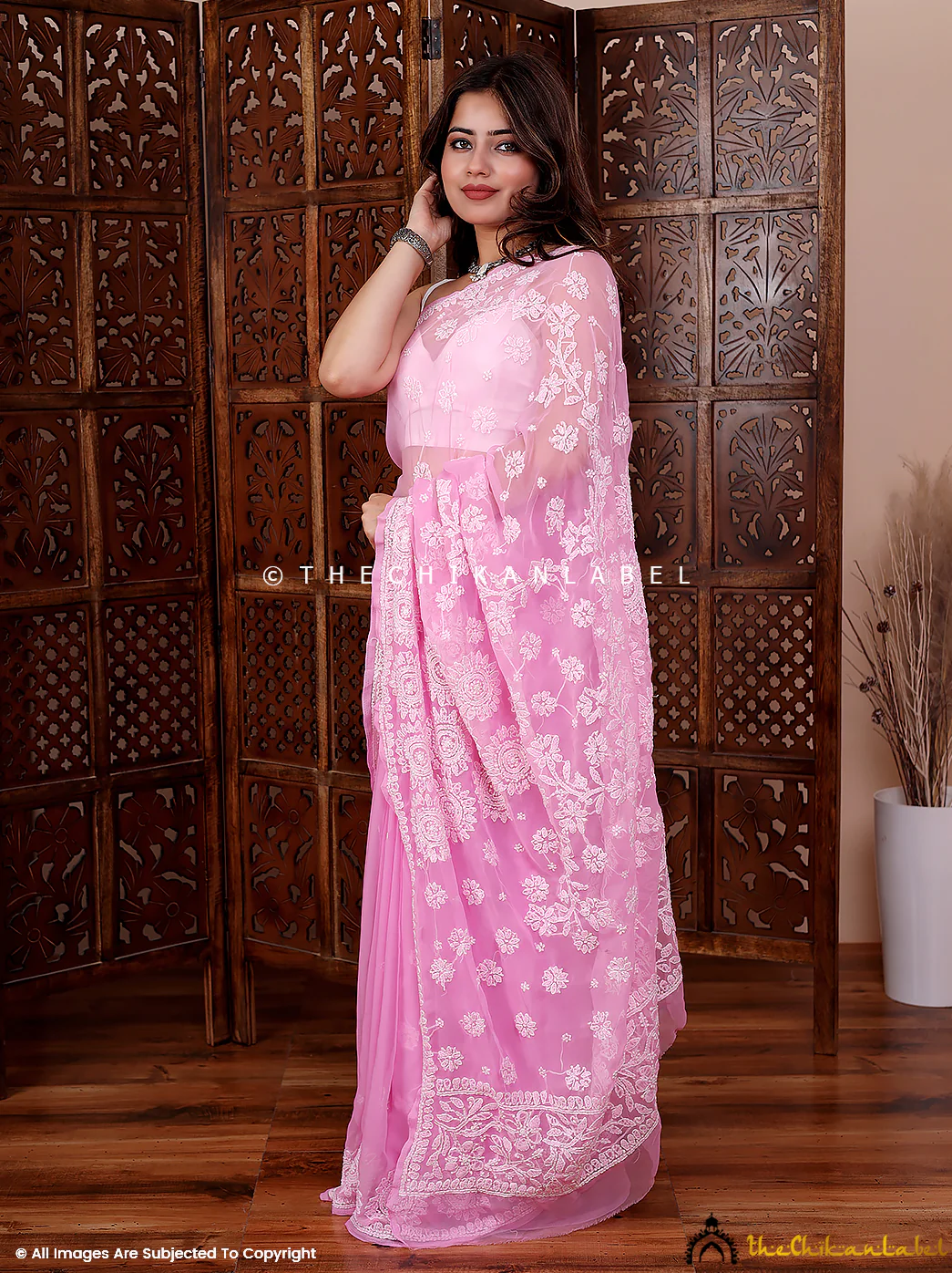 Ifrah Georgette Chikankari Saree - Pink - Image 4