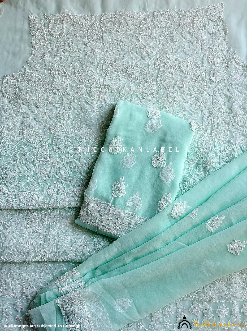 Ishanvi Georgette Chikankari Un-Stitched Suit with Dupatta - Sea Green - Image 3
