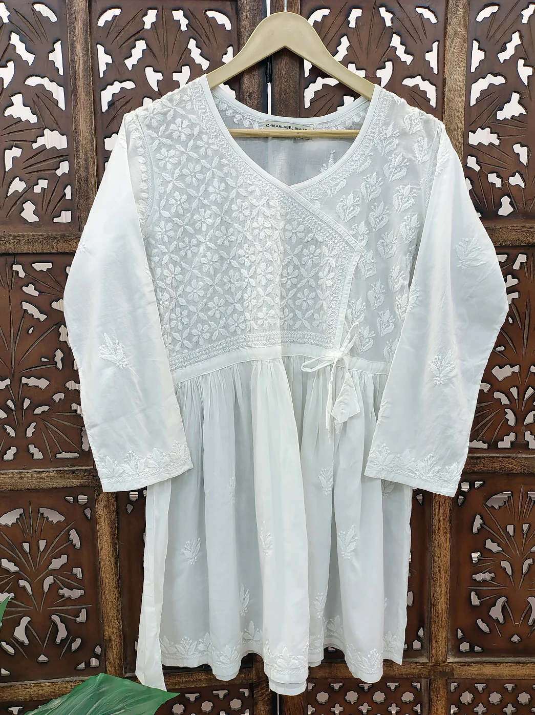 Isra Mulmul Cotton Chikankari Short Angrakha Kurti-White - Image 3