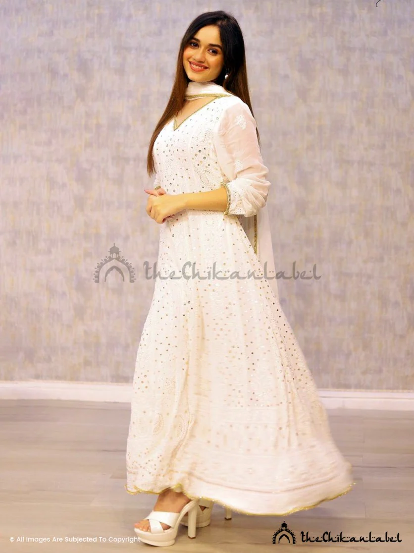 jannat zubair white shifa viscose chikankari anarkali - Image 3