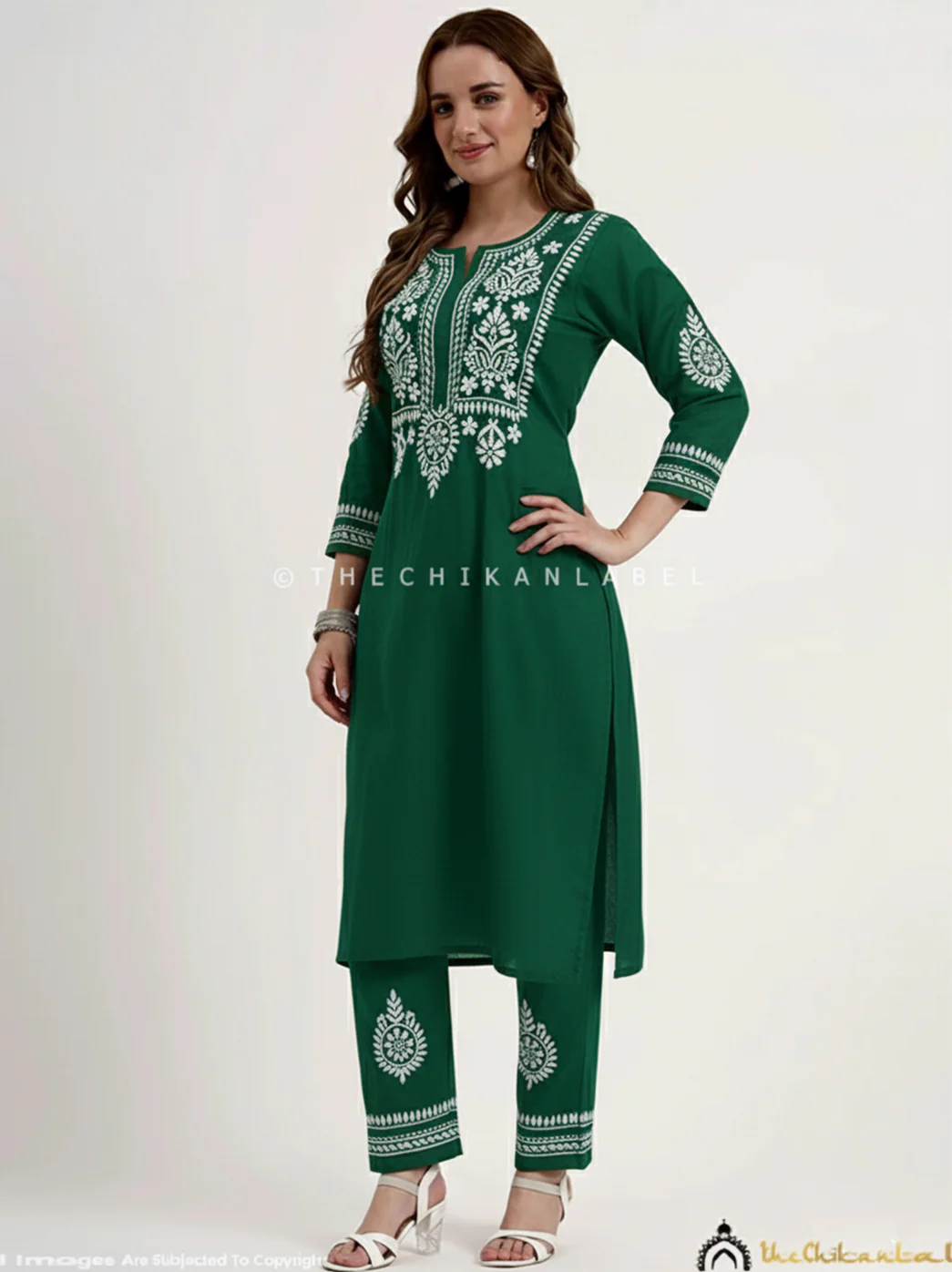 Jasleen Cotton Chikankari Kurta Set - Green - Image 4