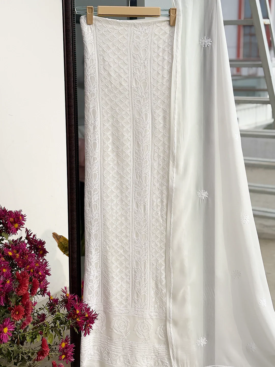 Jasmeet Viscose Chikankari Kurti Piece with Dupatta - White - Image 4